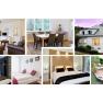Overview2, © 2015 Collage of interior and exterior views of a modern house with living room, dining room, bedrooms and terrace.