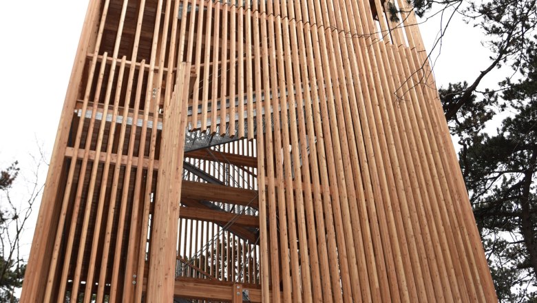 Wooden tower with vertical slats and stairs, surrounded by trees.