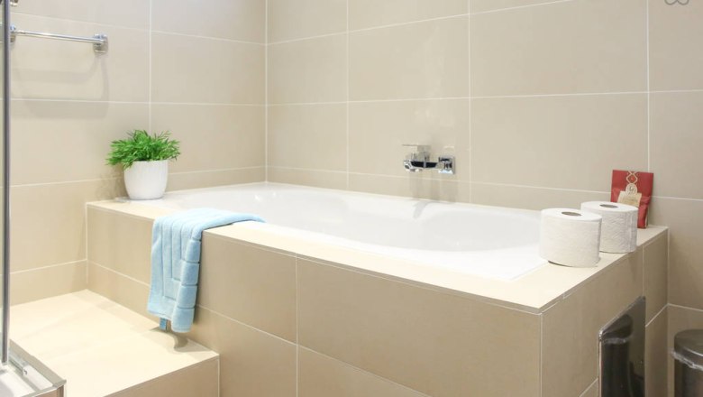 Modern bathroom with bathtub, towel, plant and toilet paper.