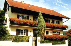 Ein zweist&ouml;ckiges Haus mit roten Blumen auf den Balkonen, beschriftet mit 'Pension Steinkellner'.