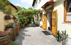 Eingang eines Heurigen mit gelben Türen, Pflastersteinen und Pflanzen.