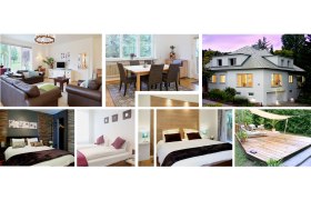 Collage of interior and exterior views of a modern house with living room, dining room, bedrooms and terrace.