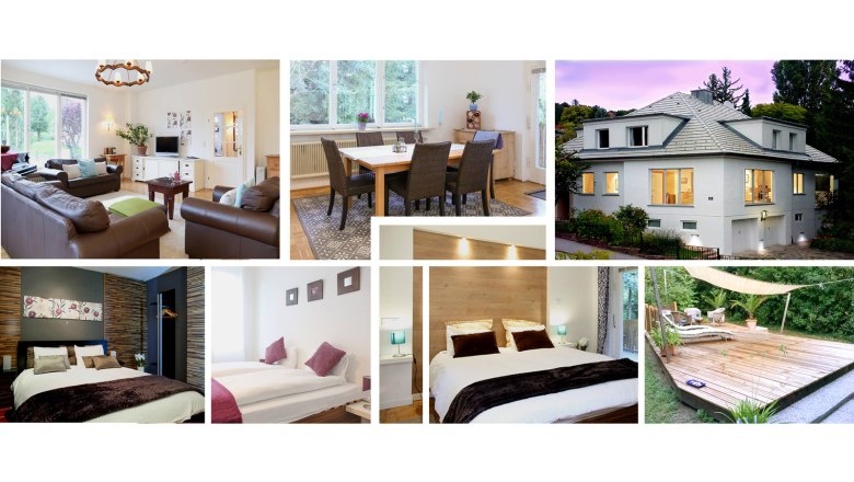 Collage of interior and exterior views of a modern house with living room, dining room, bedrooms and terrace.