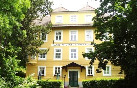 Frontansicht des Carl Michael Ziehrer-Hauses, ein gelbes Gebäude mit mehreren Fenstern und einem grünen Eingang, umgeben von Bäumen.